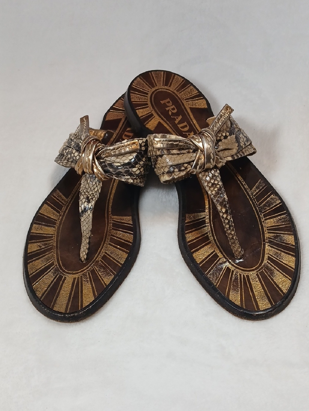 Prada Women’s Snake-Embossed Gold Accent Thong Sandals Sz 37.5 - Picture 5 of 9